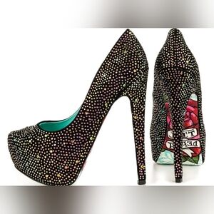 ISO FSJ Black High Heels Shoes Iridescent Rhinestone Closed Toe Platform Pumps